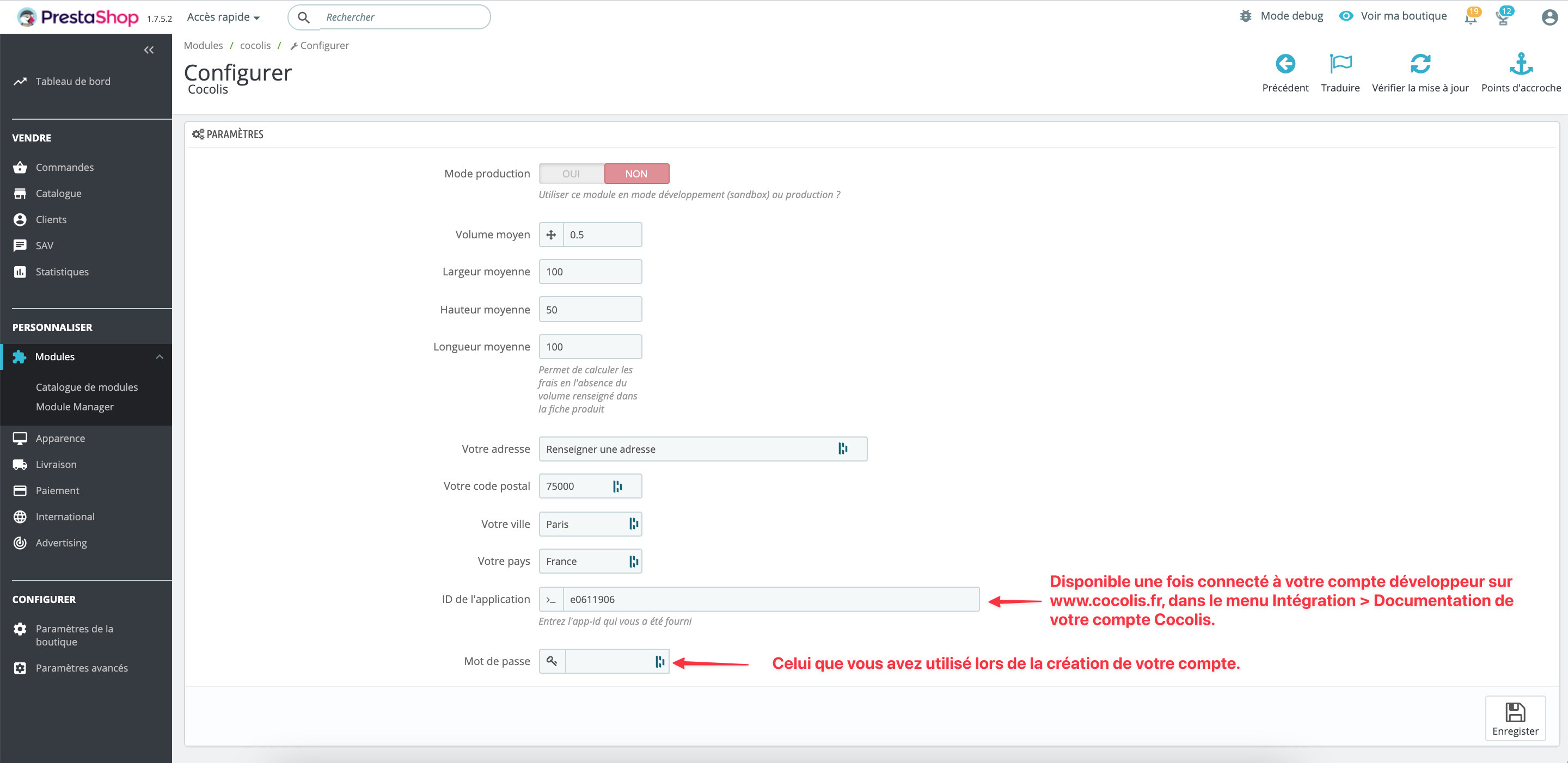 Capture d'écran de la page de configuration