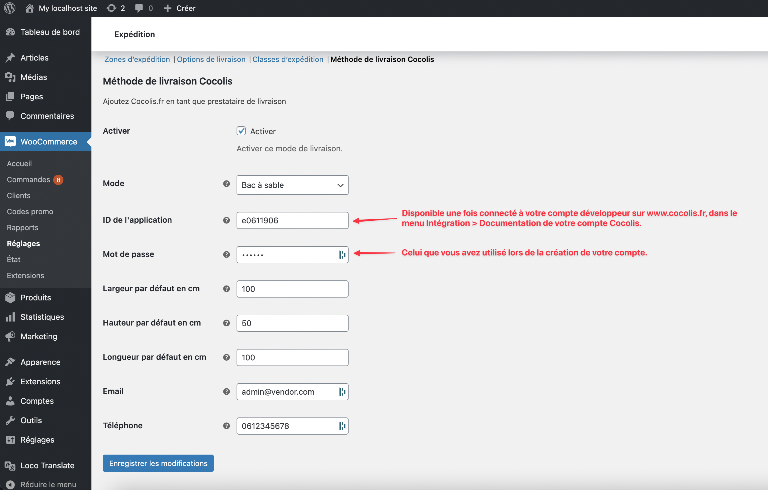 Capture d'écran de la page de configuration