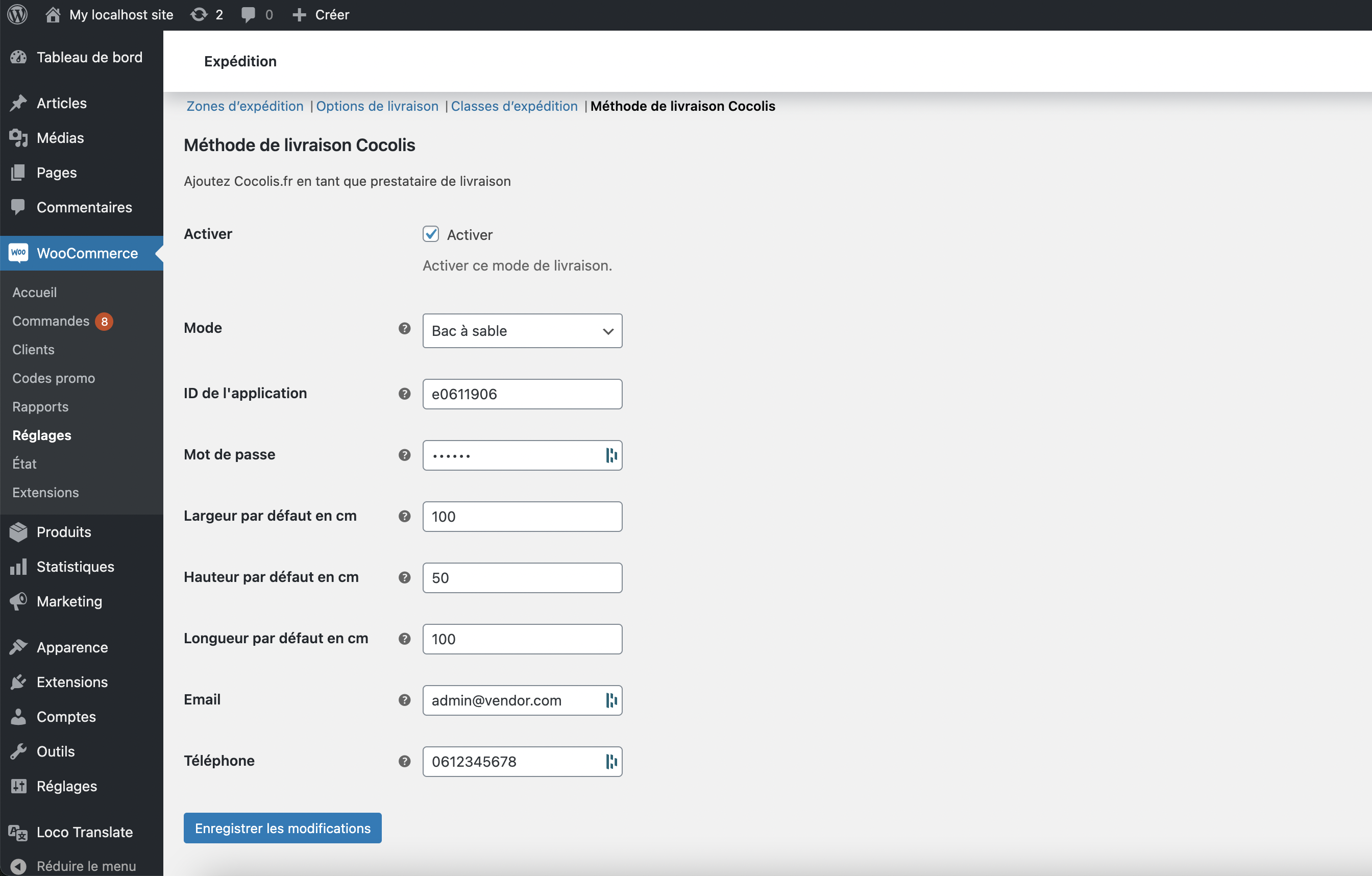 Capture d'écran de la page de configuration